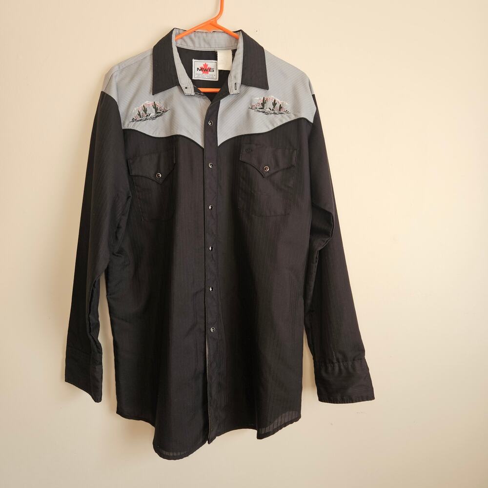 Vintage MWG Men's Western Shirt W/Snap Closure, Black & Gray, Sz 2XL